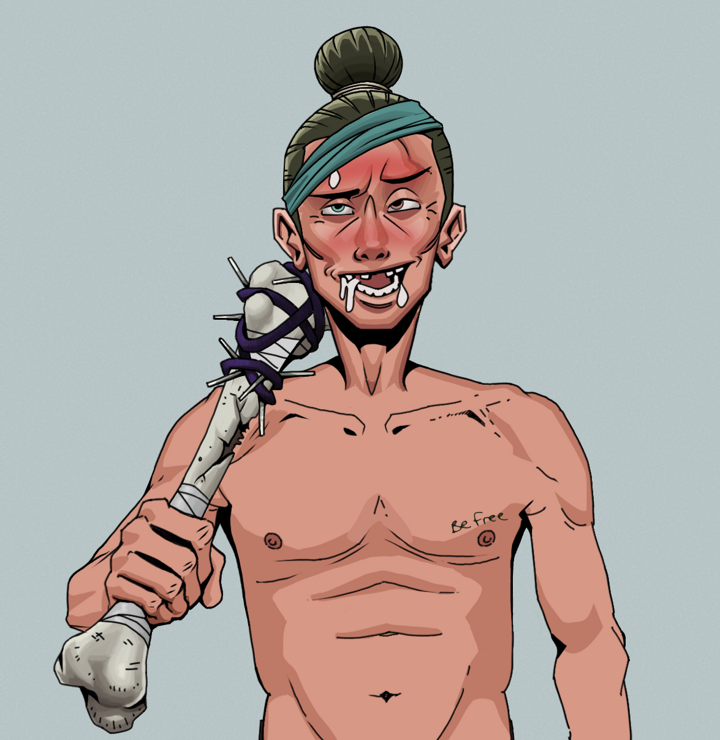 Yuuki — Degen Dojo NFT art (Shirtless Runt, Light Grey, Degens, Nudey Freak, Yuuki, Hair Bun, Spiky Femur, Mint)