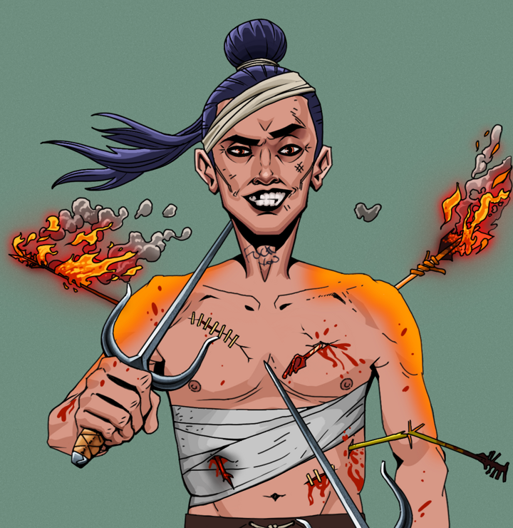Junichiro — Degen Dojo NFT art (Shirtless Runt, Olive Green, Degens, Bloody Mess, Junichiro, Long Flowing, Dual Sai, Mint)