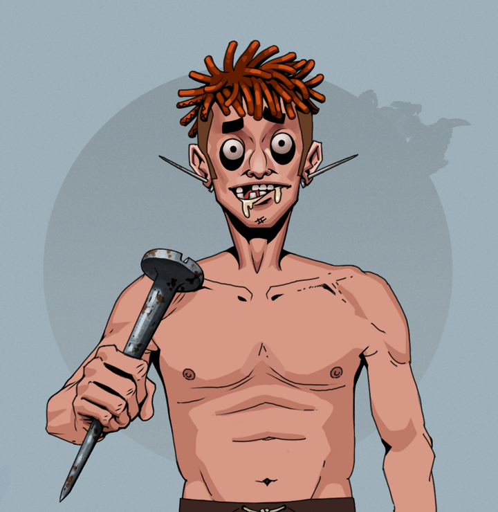 Drooling Azuma — Degen Dojo NFT art (Nails, Grey Mist, Degens, Shirtless Runt, Drooling Azuma, Orange Bantu Knots, Rusty Nail, Mint)