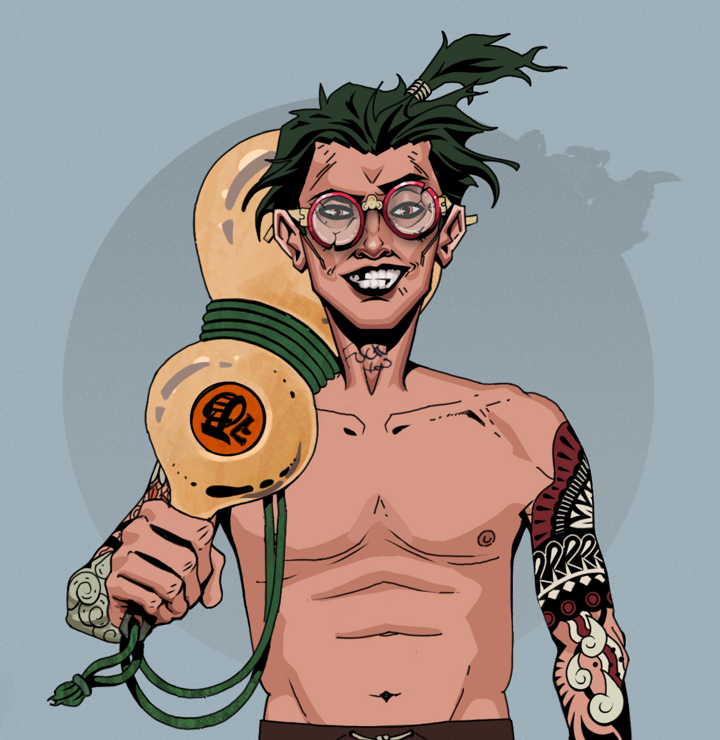 Junichiro — Degen Dojo NFT art (Shirtless Runt, Grey Mist, Degens, Yakuza Tattoo Sleeves, Junichiro, Broken Glasses, Messy Ponytail, Giant Sake Bottle, Mint)