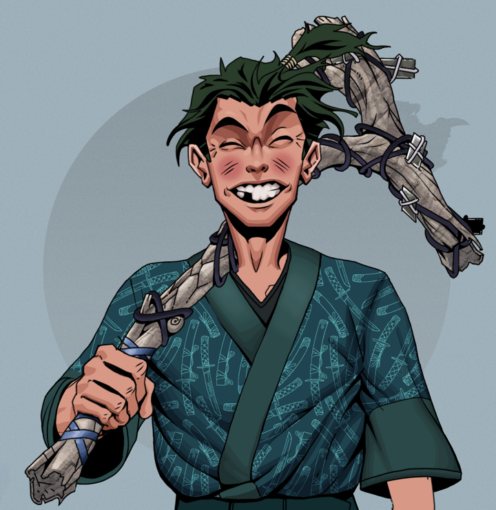 Cheery Haru — Degen Dojo NFT art (Shirtless Runt, Grey Mist, Degens, Katanajamas Kimono, Cheery Haru, Messy Ponytail, Large Branch, Mint)