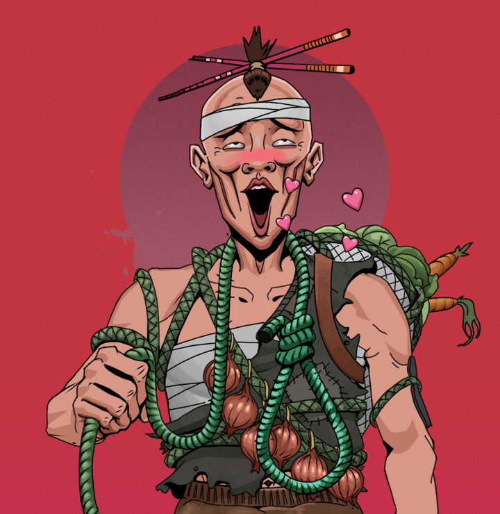 Lovey Haruto — Degen Dojo NFT art (Shirtless Runt, Red High Moon, Degens, Farmer, Lovey Haruto, Hair Bun With Chopsticks, Noose, Mint)
