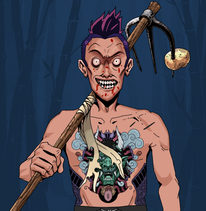 Assassin Fuzen — Degen Dojo NFT art (Shirtless Runt, Night Forest, Degens, Blue Oni Tattoo, Assassin Fuzen, Yakuza Hooligan, Farmers Hoe, Mint)