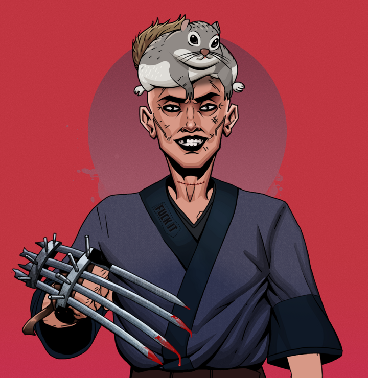 Junichiro Reborn — Degen Dojo NFT art (Shirtless Runt, Red High Moon, Degens, Fuck You Kimono, Junichiro Reborn, Mr. Momonga Hat, Tekko-Kagi Claws, Mint)
