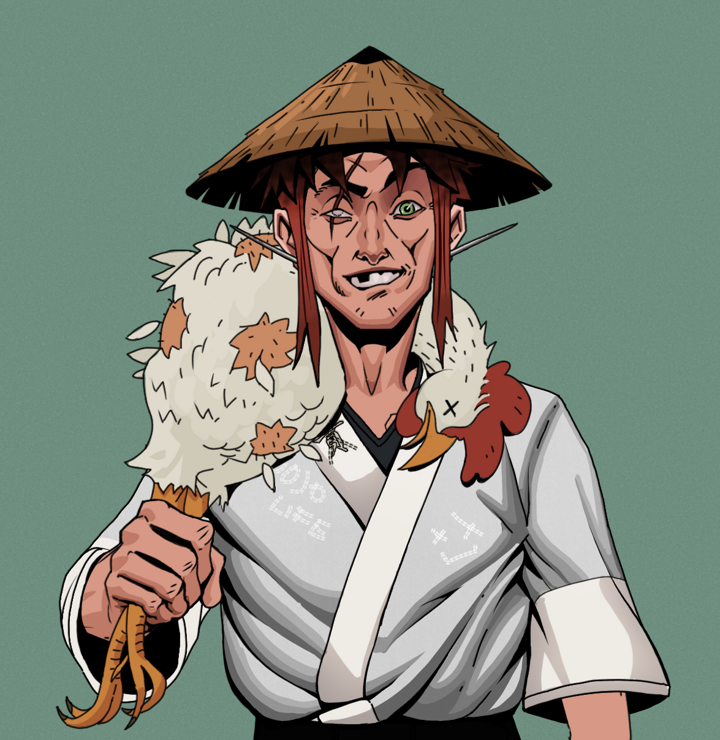 One-Eyed Itsuki — Degen Dojo NFT art (Nails, Olive Green, Degens, No Honor Kimono, One-Eyed Itsuki, Shirtless Runt, Rice Hat, Chicken, Mint)