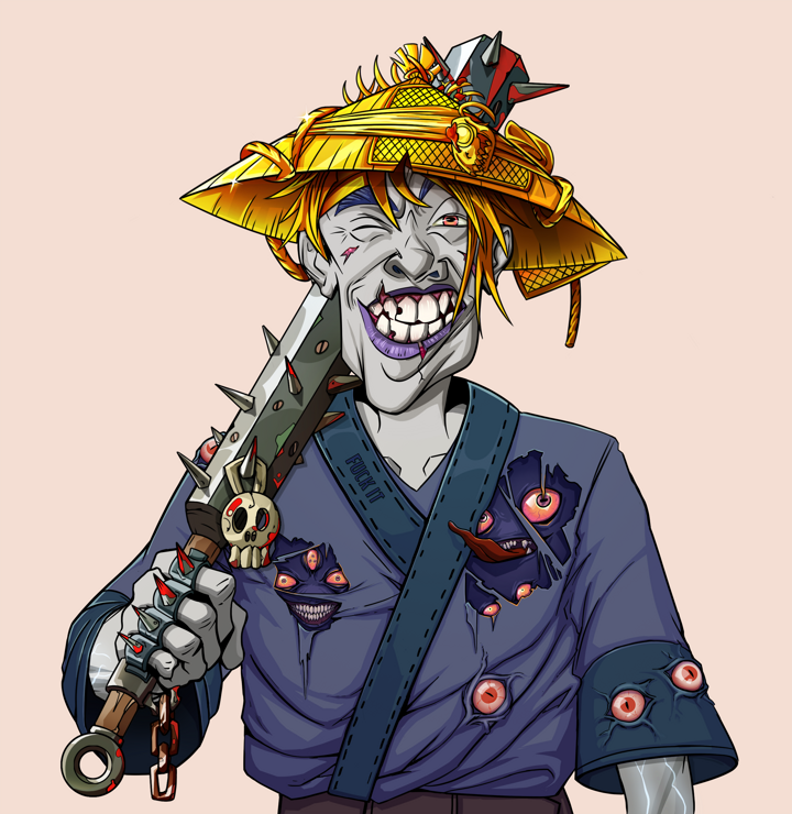 Cheery Haru — Degen Dojo NFT art (Shirtless Runt, Orange Afternoon, Demons, Fuck You Kimono, Cheery Haru, Golden Kasa Fisherman, Yakuza Club, Mint)