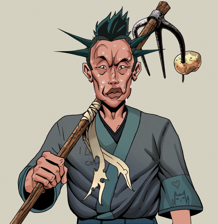 Stresshead Rin — Degen Dojo NFT art (Shirtless Runt, Warm Grey, Degens, Cet Kimono, Stresshead Rin, Yakuza Ruffian, Farmers Hoe, Mint)