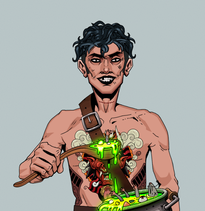 Junichiro Reborn — Degen Dojo NFT art (Shirtless Runt, Light Grey, Degens, Red Oni Tattoo, Junichiro Reborn, Messy, Shaman Soup, Mint)