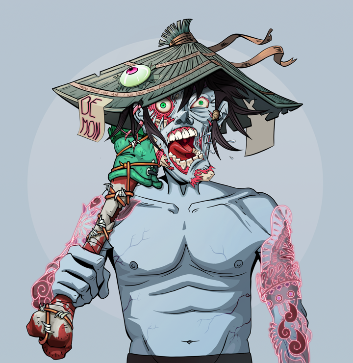 Tokuda — Degen Dojo NFT art (Tassel, Grey Mist, Demons, Yakuza Tattoo Sleeves, Tokuda, Shirtless Runt, High Straw Rice Hat, Spiky Femur, Mint)