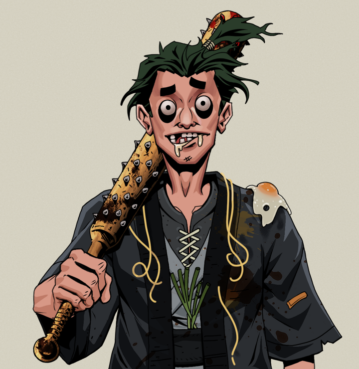 Drooling Azuma — Degen Dojo NFT art (Shirtless Runt, Warm Grey, Degens, Glutton Fight, Drooling Azuma, Messy Ponytail, Yakuza Club, Mint)