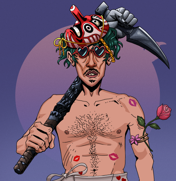 Gloomy Masumi — Degen Dojo NFT art (Shirtless Runt, Purple Night, Degens, Womanizer, Gloomy Masumi, Loveheart Shades, Tengu Mask, Stone Fist-Sickle, Mint)
