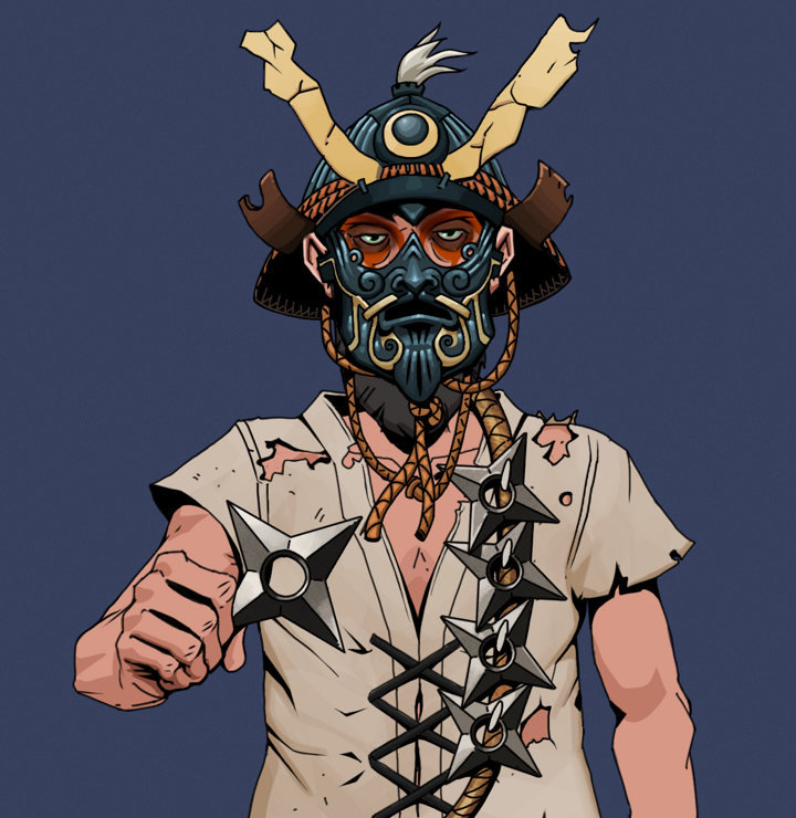 Oleg Of War — Degen Dojo NFT art (Shirtless Runt, Blue Evening, Degens, Rice Sack Rags, Oleg Of War, Tatami Kabuto, Shuriken Belt, Mint)