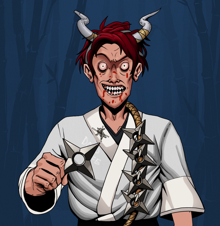 Assassin Fuzen — Degen Dojo NFT art (Shirtless Runt, Night Forest, Degens, No Honor Kimono, Assassin Fuzen, Grey Oni Horns, Shuriken Belt, Mint)
