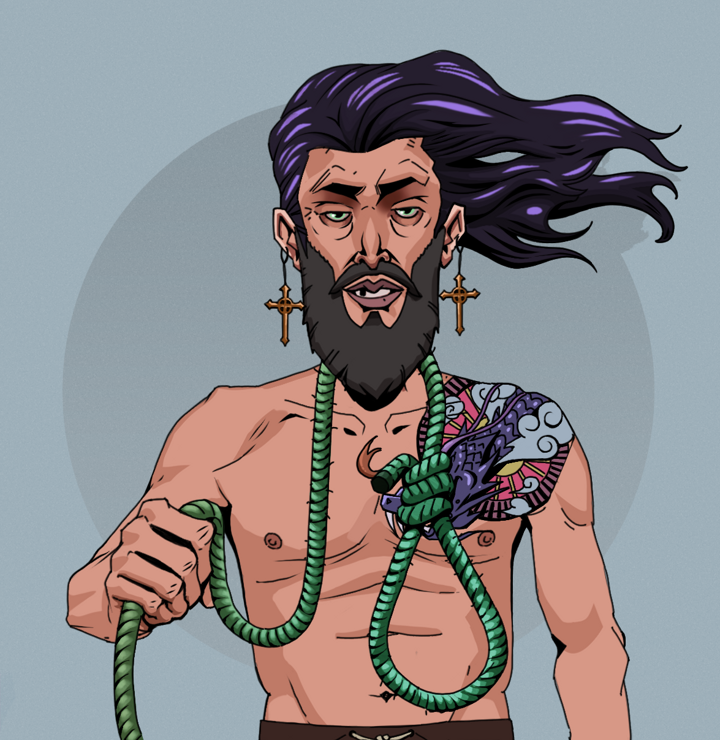 Serious Oleg — Degen Dojo NFT art (Jesuit Crosses, Grey Mist, Degens, Dragon Head Tattoo, Serious Oleg, Shirtless Runt, Flowing Battousai, Noose, Mint)