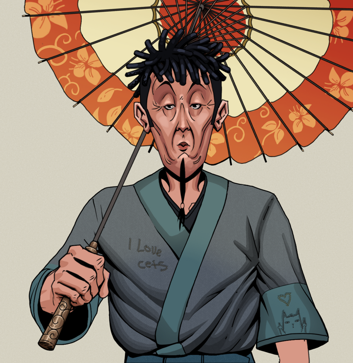 Edmundo — Degen Dojo NFT art (Shirtless Runt, Warm Grey, Degens, Cet Kimono, Edmundo, Black Bantu Knots, Floral Parasol, Mint)