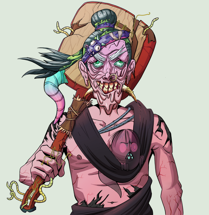 Assassin Fuzen — Degen Dojo NFT art (Shirtless Runt, Olive Green, Demons, Little Momonga Friend, Assassin Fuzen, Long Flowing, Shamisen, Mint)