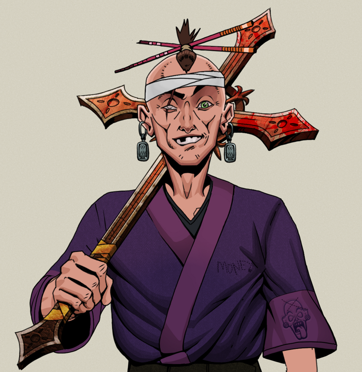 One-Eyed Itsuki — Degen Dojo NFT art (Iron Earrings, Warm Grey, Degens, Money Kimono, One-Eyed Itsuki, Shirtless Runt, Hair Bun With Chopsticks, Jesuit Bloody Cross, Mint)