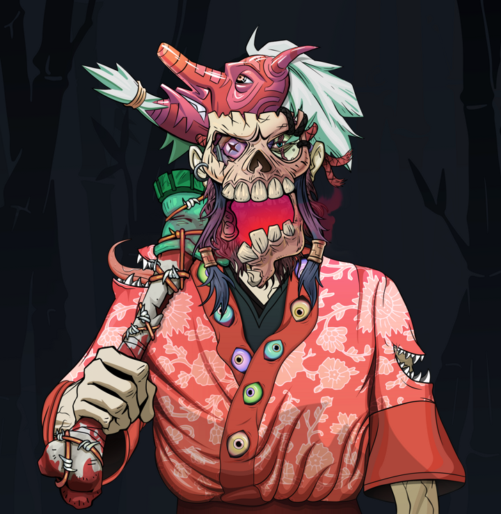 Igor The Veteran — Degen Dojo NFT art (Shirtless Runt, Night Forest, Demons, Silken Sunflower Kimono, Igor The Veteran, Hannya Half Mask, Tengu Mask, Spiky Femur, Mint)