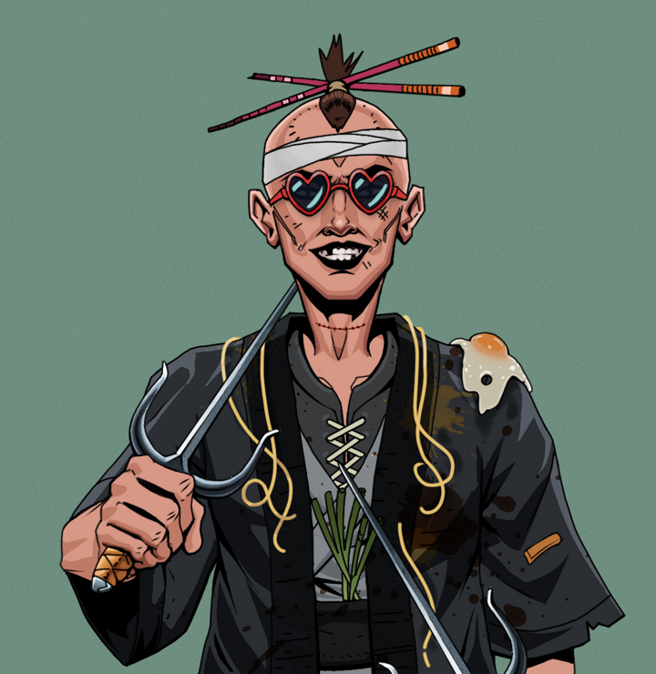 Junichiro Reborn — Degen Dojo NFT art (Shirtless Runt, Olive Green, Degens, Glutton Fight, Junichiro Reborn, Loveheart Shades, Hair Bun With Chopsticks, Dual Sai, Mint)