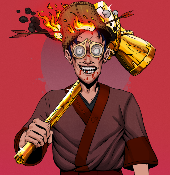 Assassin Fuzen — Degen Dojo NFT art (Shirtless Runt, Red High Moon, Degens, Proud Dejen Kimono, Assassin Fuzen, Pocket Glasses, Burning Basket, Golden Warhammer, Mint)