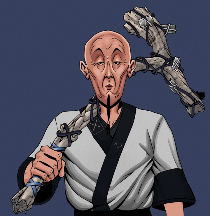 Edmundo — Degen Dojo NFT art (Shirtless Runt, Blue Evening, Degens, Katana Kimono, Edmundo, Bald, Large Branch, Mint)