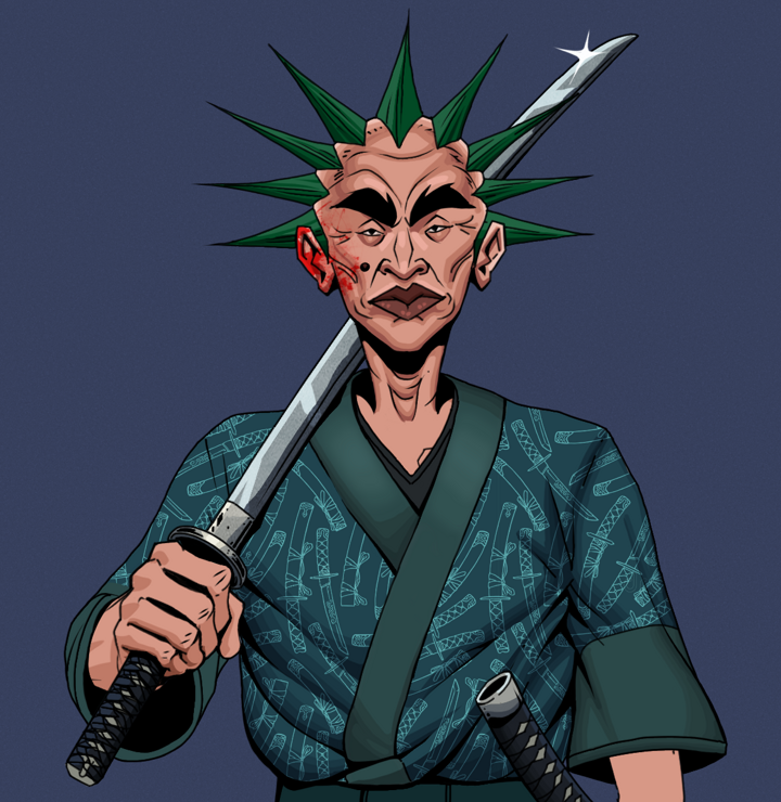 Young Yuji — Degen Dojo NFT art (Shirtless Runt, Blue Evening, Degens, Katanajamas Kimono, Young Yuji, Zapachi, Katana, Mint)