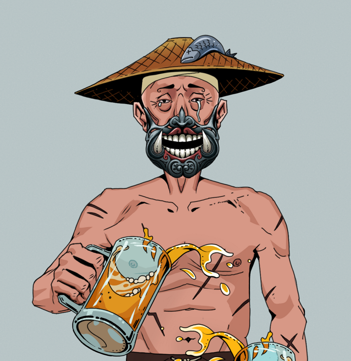 Teary Goro — Degen Dojo NFT art (Shirtless Runt, Light Grey, Degens, Battle Scars, Teary Goro, Hannya Half Mask, Wide Kasa Fisherman, Beer Splash, Mint)