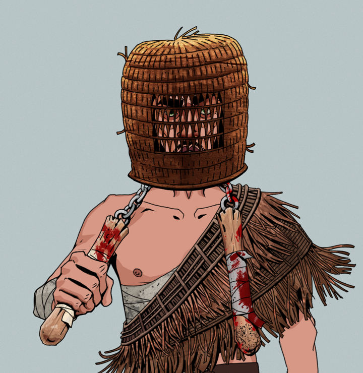 Gloomy Masumi — Degen Dojo NFT art (Jesuit Crosses, Light Grey, Degens, Dried Straw, Gloomy Masumi, Shirtless Runt, Tengai Basket, Bloody Nunchucks, Mint)