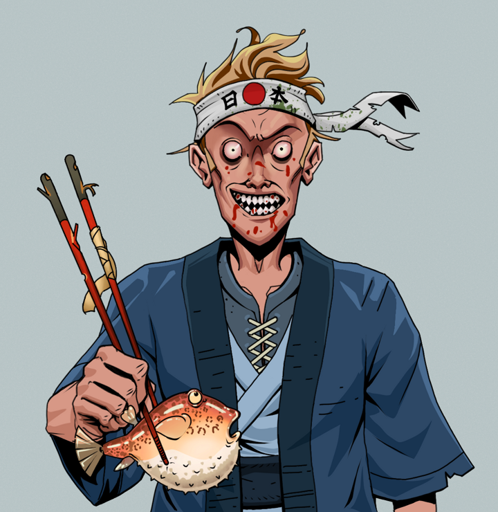 Assassin Fuzen — Degen Dojo NFT art (Shirtless Runt, Light Grey, Degens, Blue Warrior Kimono, Assassin Fuzen, Karate Headband, Frightened Fugu, Mint)