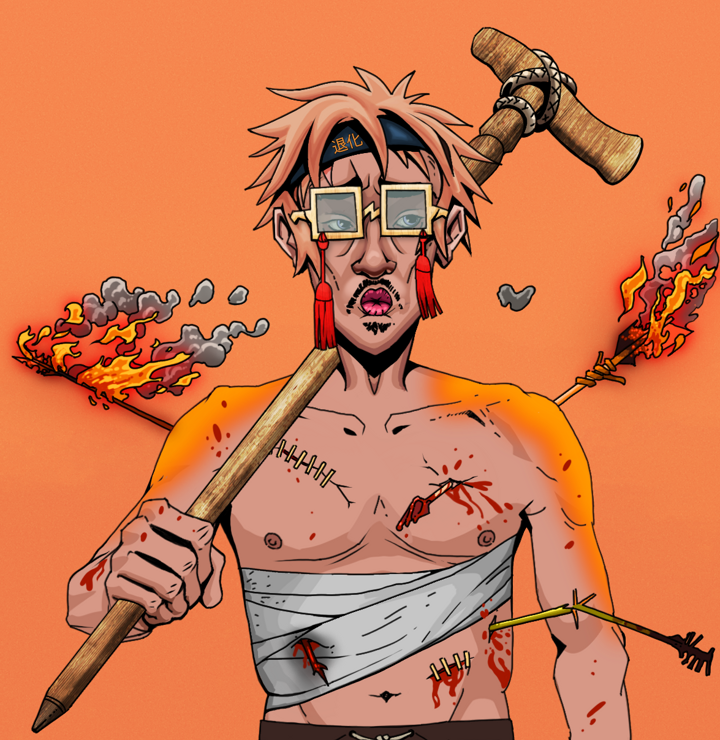 Masumi Steel — Degen Dojo NFT art (Shirtless Runt, Orange Afternoon, Degens, Bloody Mess, Masumi Steel, Shoji Tassel Glasses, Tiger Headband Ruffian, Wooden Walking Cane, Mint)