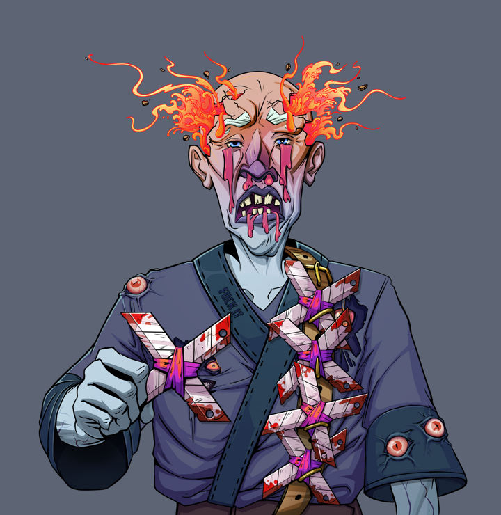 Teary Goro — Degen Dojo NFT art (Shirtless Runt, Shoji Night, Demons, Fuck You Kimono, Teary Goro, Red Heihachi, Shuriken Belt, Mint)