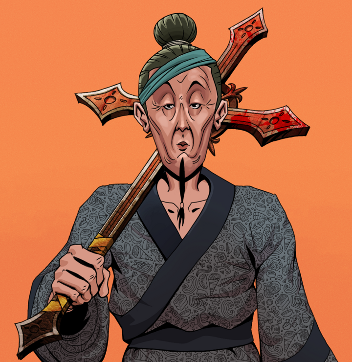 Edmundo — Degen Dojo NFT art (Shirtless Runt, Orange Afternoon, Degens, Sushi Love Loose Kimono, Edmundo, Hair Bun, Jesuit Bloody Cross, Mint)