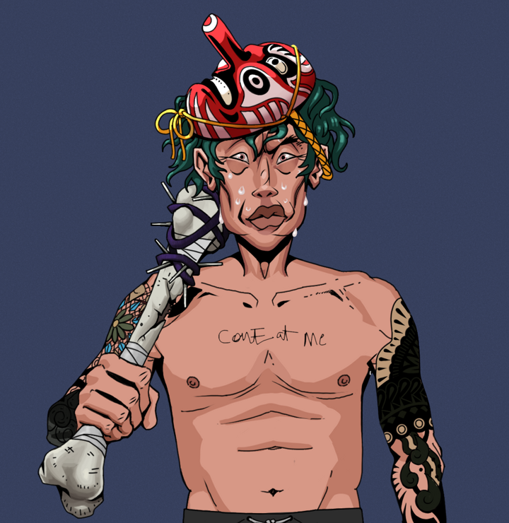 Stresshead Rin — Degen Dojo NFT art (Shirtless Runt, Blue Evening, Degens, Black Yakuza Sleeves, Stresshead Rin, Tengu Mask, Spiky Femur, Mint)