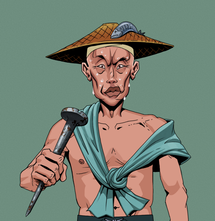 Stresshead Rin — Degen Dojo NFT art (Shirtless Runt, Olive Green, Degens, Queeny Chic, Stresshead Rin, Wide Kasa Fisherman, Rusty Nail, Mint)
