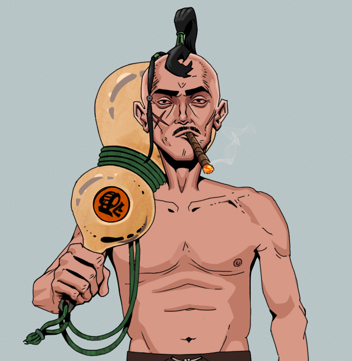 Raikou The Stoner — Degen Dojo NFT art (Shirtless Runt, Light Grey, Degens, Raikou The Stoner, Dejen Samurai, Giant Sake Bottle, Mint)