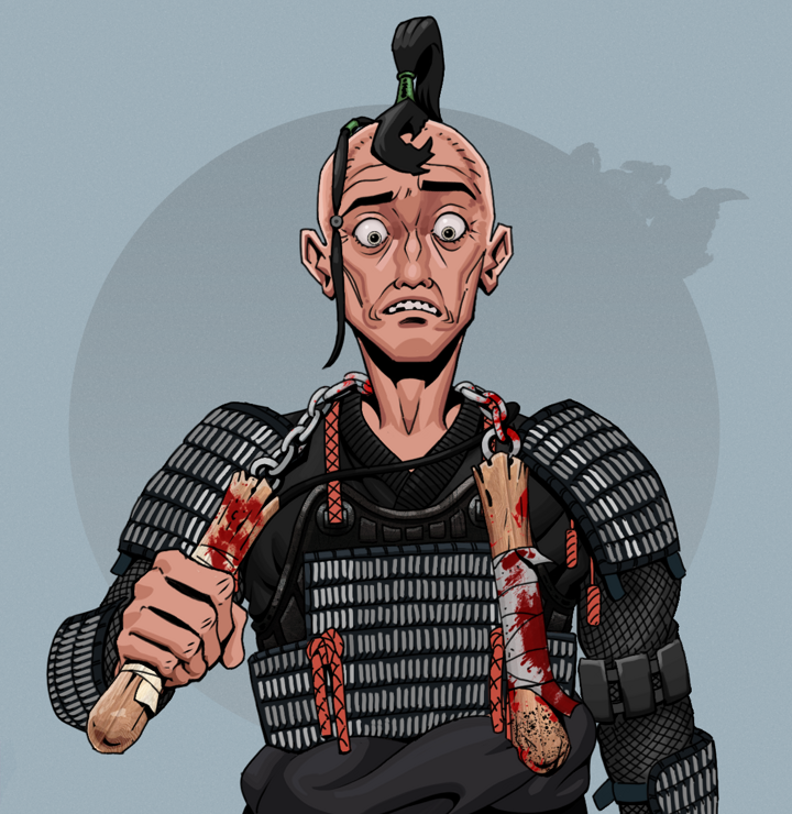 Shitless Botan — Degen Dojo NFT art (Shirtless Runt, Grey Mist, Degens, Black Iron Tosei Gusoku, Shitless Botan, Dejen Samurai, Bloody Nunchucks, Mint)