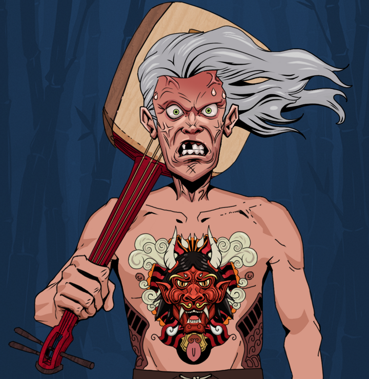 Angry Ikari — Degen Dojo NFT art (Shirtless Runt, Night Forest, Degens, Red Oni Tattoo, Angry Ikari, Wise Greatness, Shamisen, Mint)
