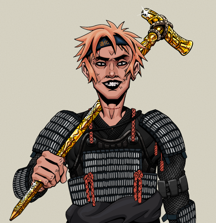 Junichiro Reborn — Degen Dojo NFT art (Shirtless Runt, Warm Grey, Degens, Black Iron Tosei Gusoku, Junichiro Reborn, Tiger Headband Ruffian, Golden Walking Cane, Mint)