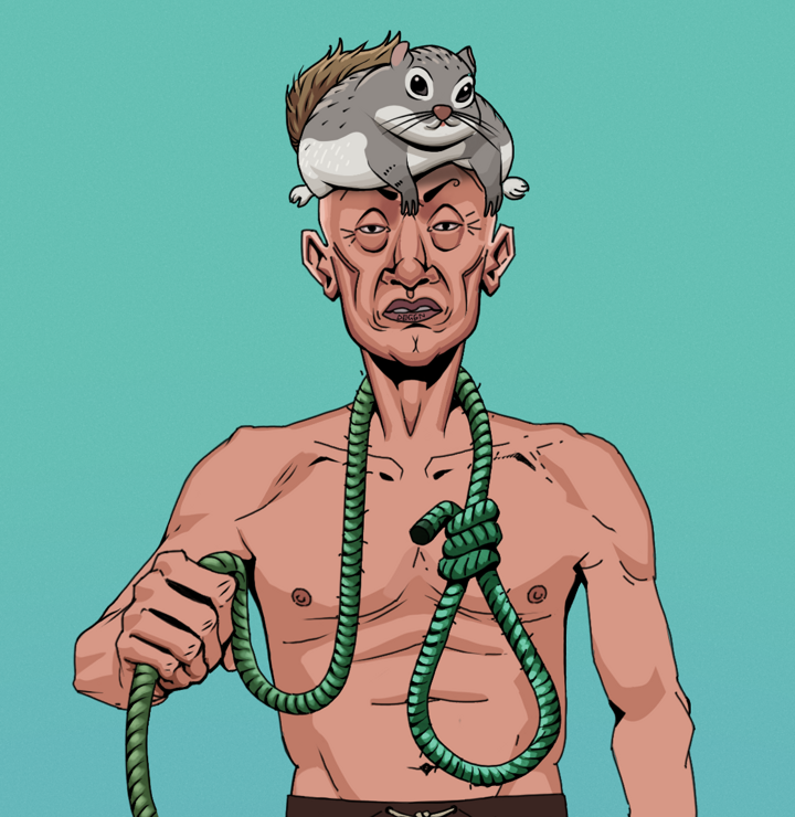 Goro — Degen Dojo NFT art (Shirtless Runt, Teal Daytime, Degens, Goro, Mr. Momonga Hat, Noose, Mint)