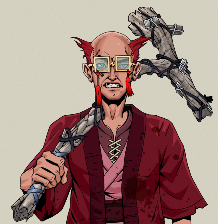 Akuma — Degen Dojo NFT art (Shirtless Runt, Warm Grey, Degens, Red Warrior Kimono, Akuma, Shoji Tassel Glasses, Red Heihachi, Large Branch, Mint)