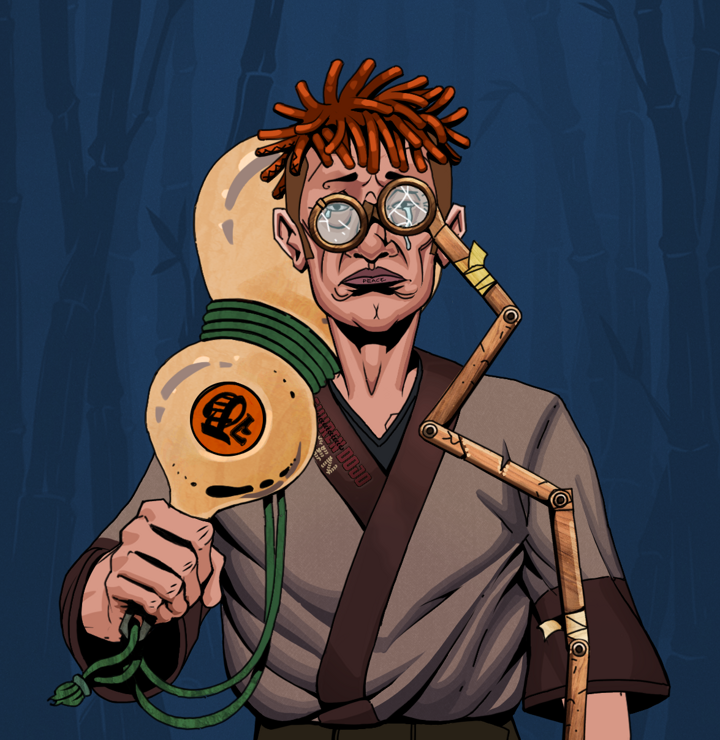 Teary Goro — Degen Dojo NFT art (Shirtless Runt, Night Forest, Degens, Degen Dojo Kimono, Teary Goro, Telescopic Glasses, Orange Bantu Knots, Giant Sake Bottle, Mint)