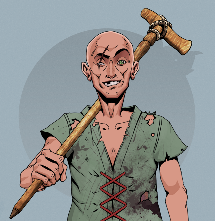 One-Eyed Itsuki — Degen Dojo NFT art (Shirtless Runt, Grey Mist, Degens, Dirty Peasant Rags, One-Eyed Itsuki, Bald, Wooden Walking Cane, Mint)