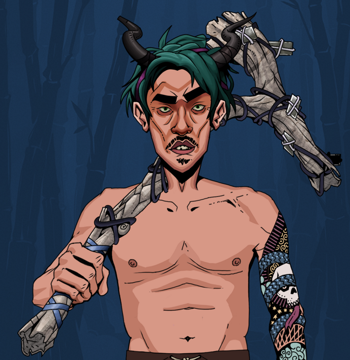 Gloomy Masumi — Degen Dojo NFT art (Shirtless Runt, Night Forest, Degens, Skull Sleeve, Gloomy Masumi, Black Oni Horns, Large Branch, Mint)