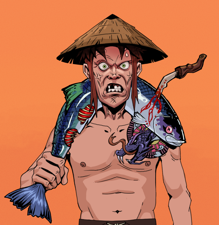 Angry Ikari — Degen Dojo NFT art (Shirtless Runt, Orange Afternoon, Degens, Dragon Head Tattoo, Angry Ikari, Rice Hat, Dead Fish, Mint)