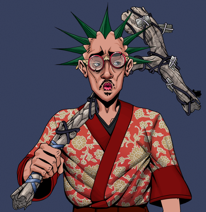 Masumi Steel — Degen Dojo NFT art (Shirtless Runt, Blue Evening, Degens, Silken Sunflower Kimono, Masumi Steel, Broken Glasses, Zapachi, Large Branch, Mint)