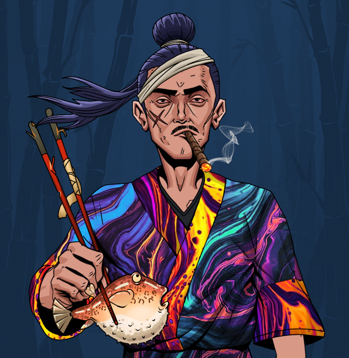Raikou The Stoner — Degen Dojo NFT art (Shirtless Runt, Night Forest, Degens, Rainbow Kimono, Raikou The Stoner, Long Flowing, Frightened Fugu, Mint)