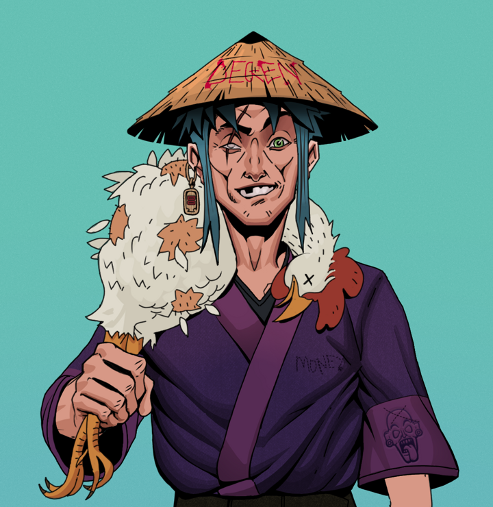 One-Eyed Itsuki — Degen Dojo NFT art (Dojo Paper Earring, Teal Daytime, Degens, Money Kimono, One-Eyed Itsuki, Shirtless Runt, Degen Graffiti Rice Hat, Chicken, Mint)