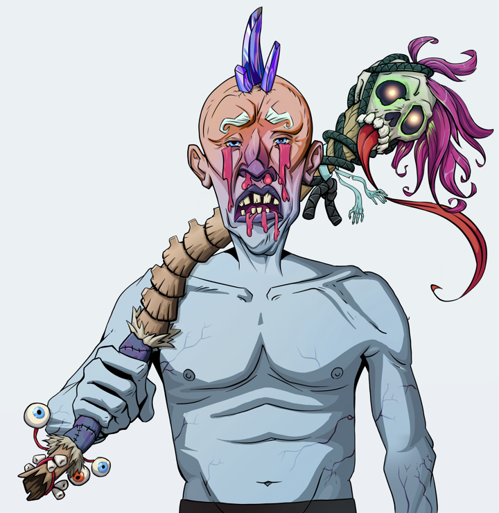 Teary Goro — Degen Dojo NFT art (Shirtless Runt, Light Grey, Demons, Teary Goro, Mohawk Spike, Shaman Skull Staff, Mint)