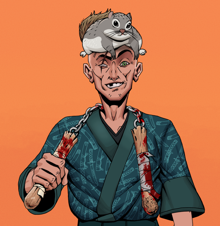 One-Eyed Itsuki — Degen Dojo NFT art (Shirtless Runt, Orange Afternoon, Degens, Katanajamas Kimono, One-Eyed Itsuki, Mr. Momonga Hat, Bloody Nunchucks, Mint)