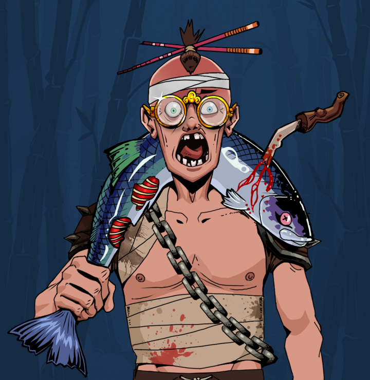 Tokuda — Degen Dojo NFT art (Shirtless Runt, Night Forest, Degens, Mercenary, Tokuda, Golden Glasses, Hair Bun With Chopsticks, Dead Fish, Mint)